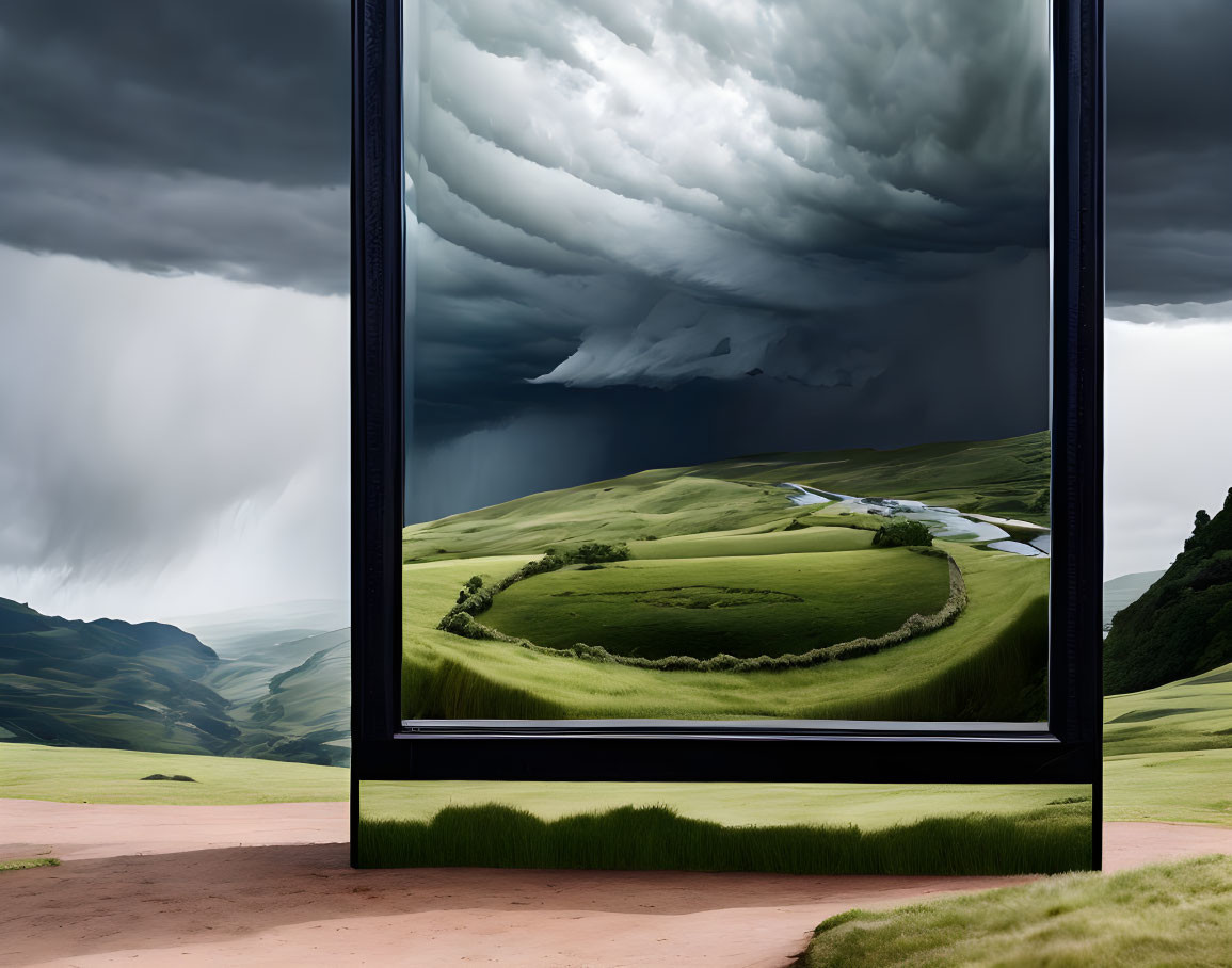 Surreal stormy landscape in picture frame against serene background