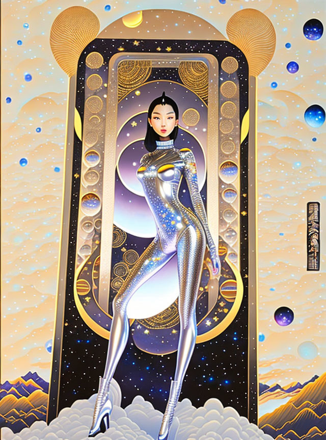 Futuristic woman in metallic bodysuit at celestial doorway with art deco elements