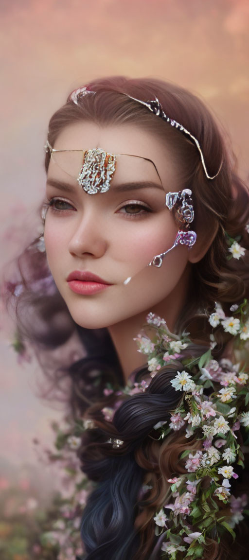 Woman with decorative headpiece and dark hair on pastel background