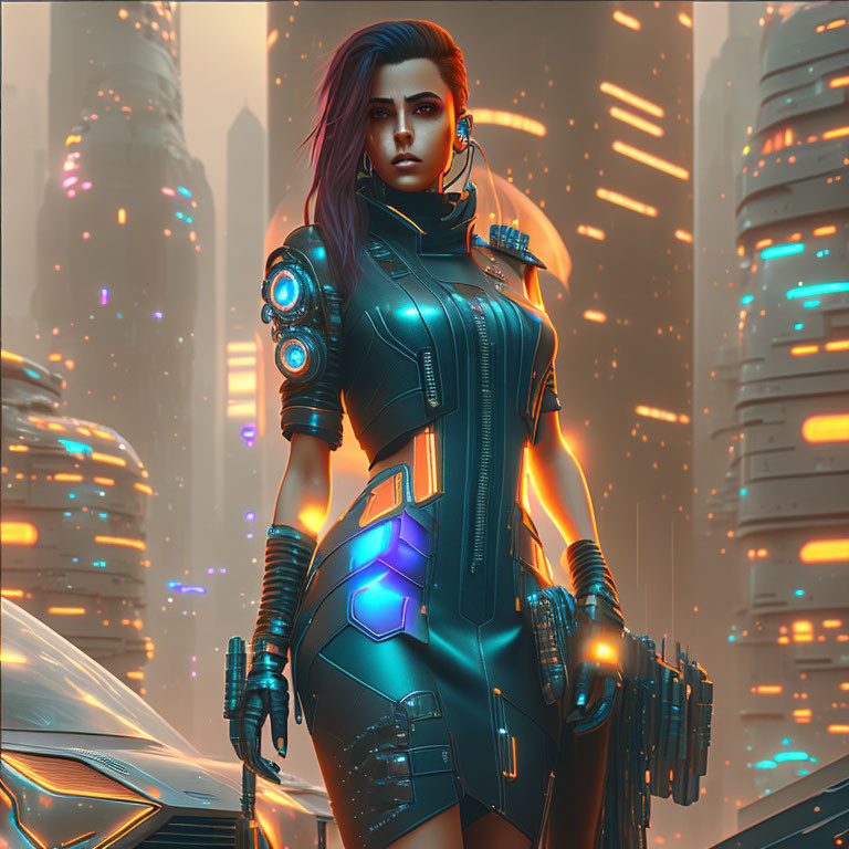 Futuristic female warrior in cybernetic suit in neon-lit cityscape