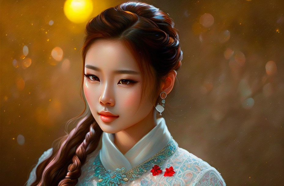 Asian woman in traditional clothing with elegant hairstyle and earrings on warm backdrop