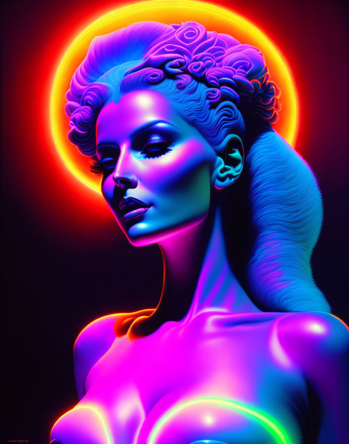 Colorful digital portrait of a woman with neon lighting and glowing halo in purple, blue, and pink