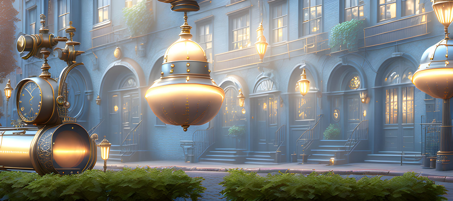 Steampunk streetscape with ornate metalwork and floating lamps