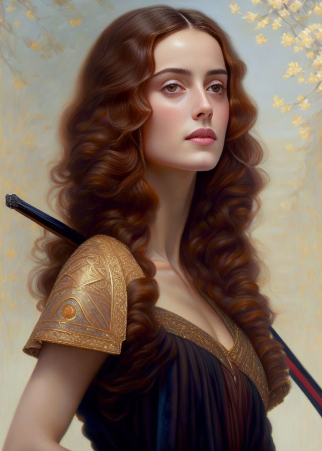 Woman in flowing wavy hair and golden armor painting with delicate blossoms background