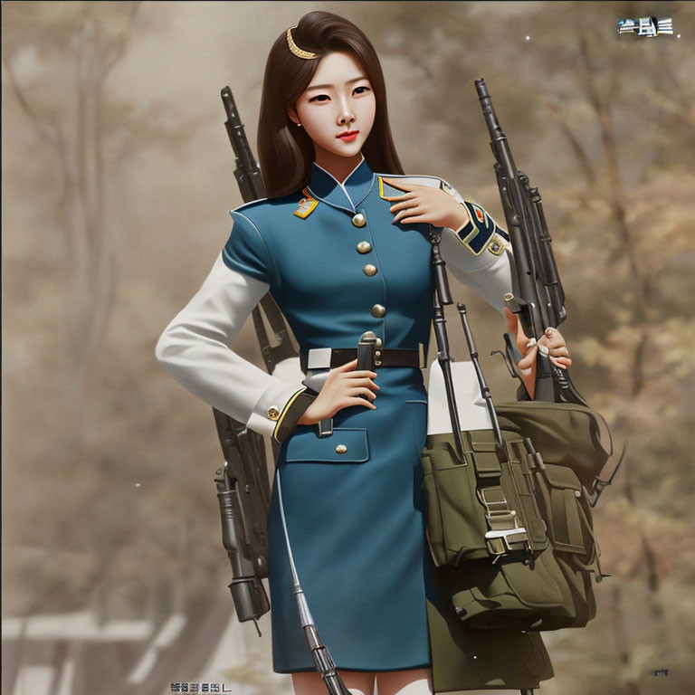 Digital illustration of woman in military uniform with rifles in misty forest