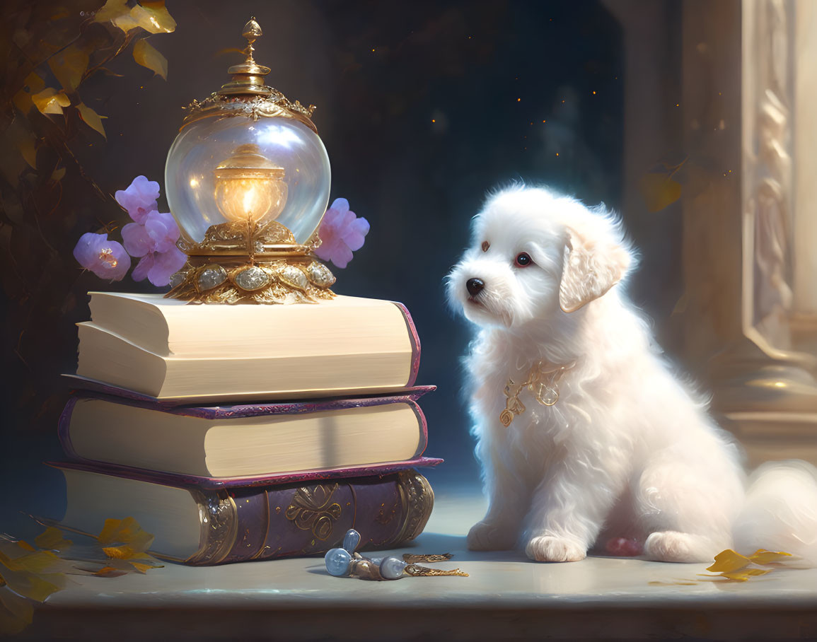 White fluffy puppy with books and lamp in cute image