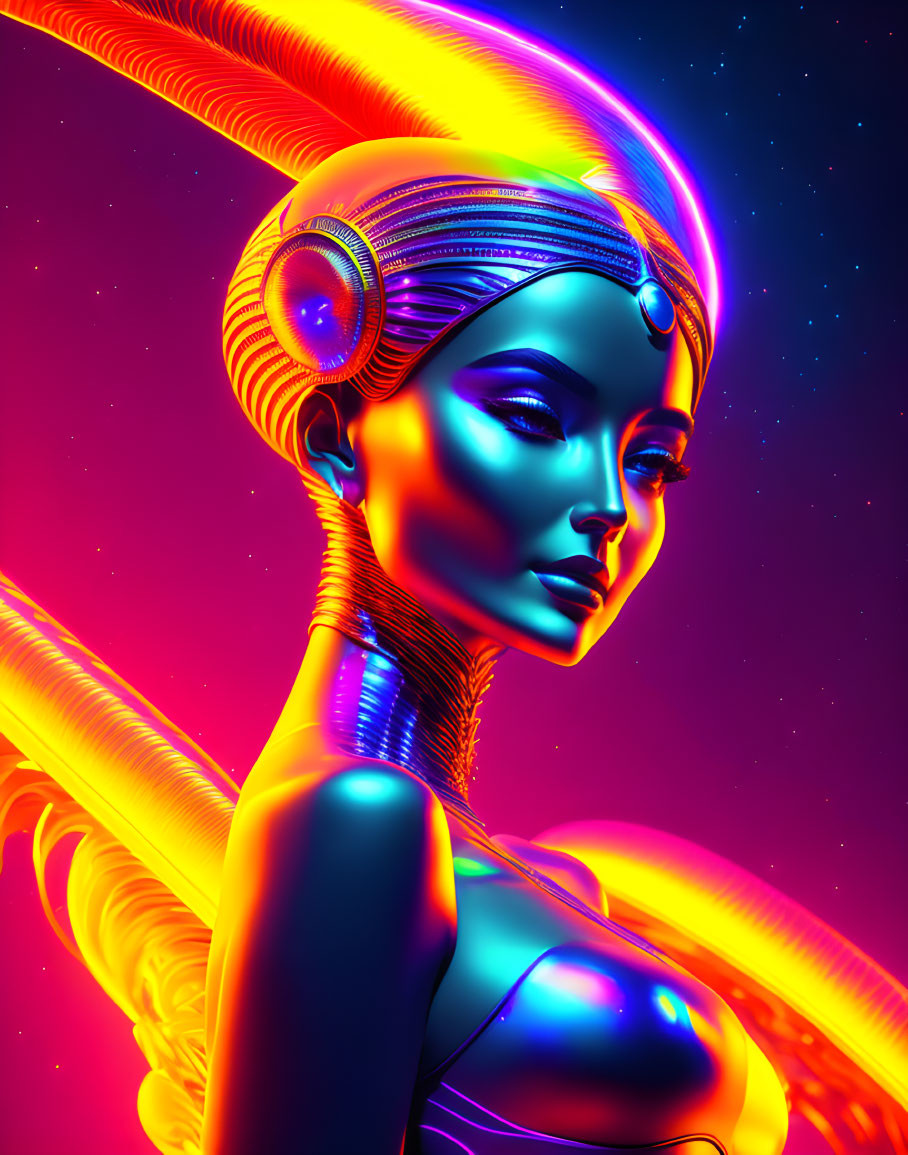 Futuristic digital art: Female figure in neon blue and orange against cosmic backdrop