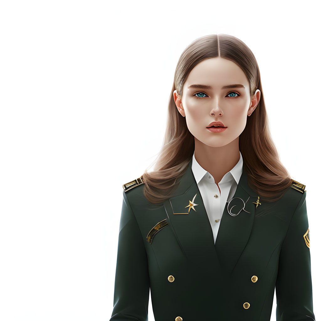 Woman with long brown hair in military-style green jacket and white shirt