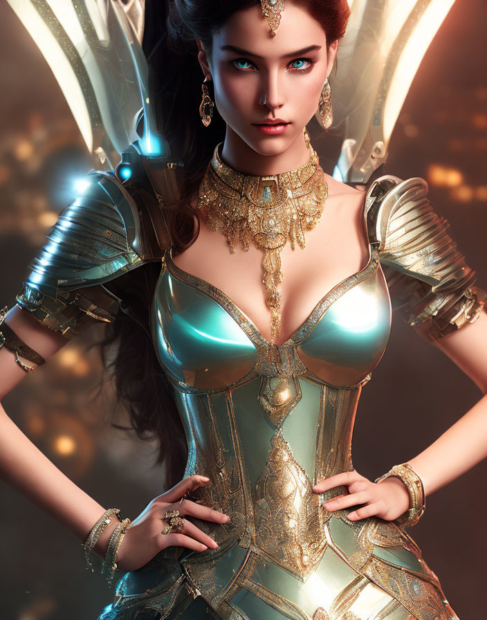 Blue-eyed woman in ornate gold-trimmed turquoise armor exudes regal strength.