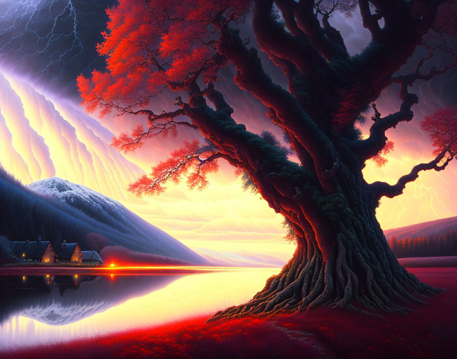 Scenic illustration: Enormous tree with red leaves, lake, mountains, village at dusk