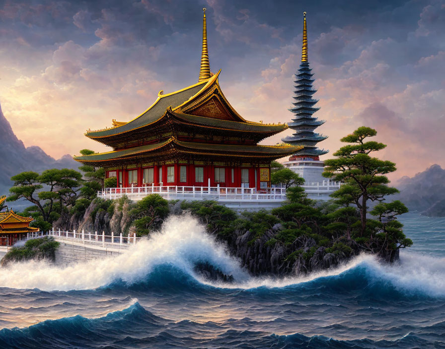 Traditional Asian Temple and Pagoda by Turbulent Waves at Sunset