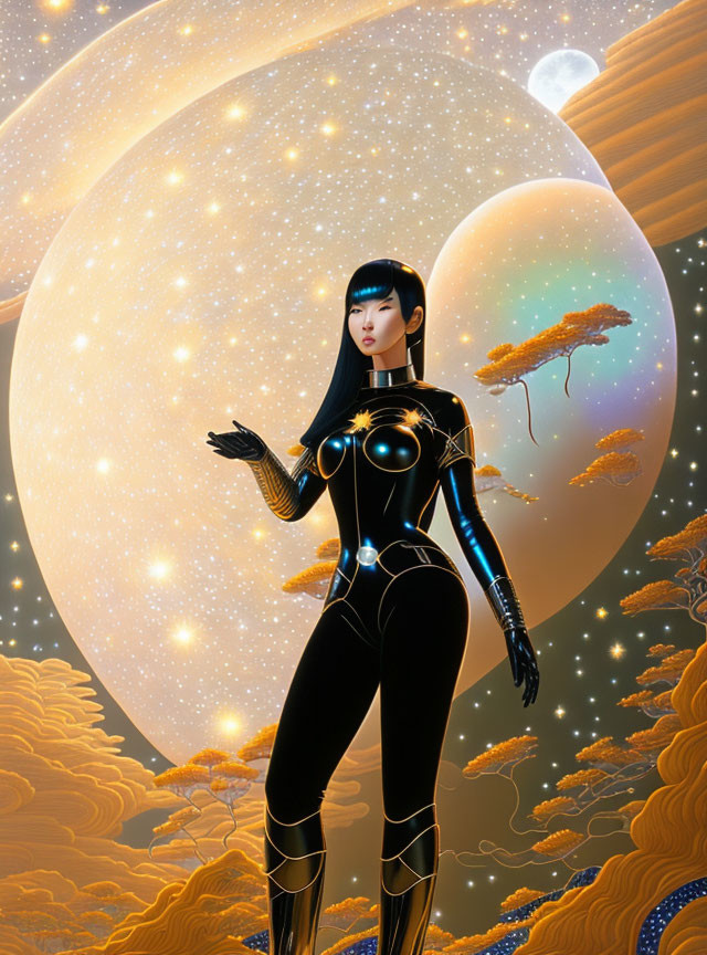 Futuristic woman in black and gold bodysuit against cosmic backdrop