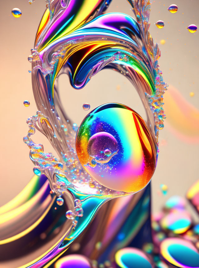 Abstract colorful swirls with glossy finish and iridescent bubbles on muted background