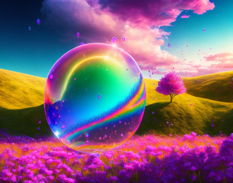 Colorful soap bubble over purple flower field at sunset