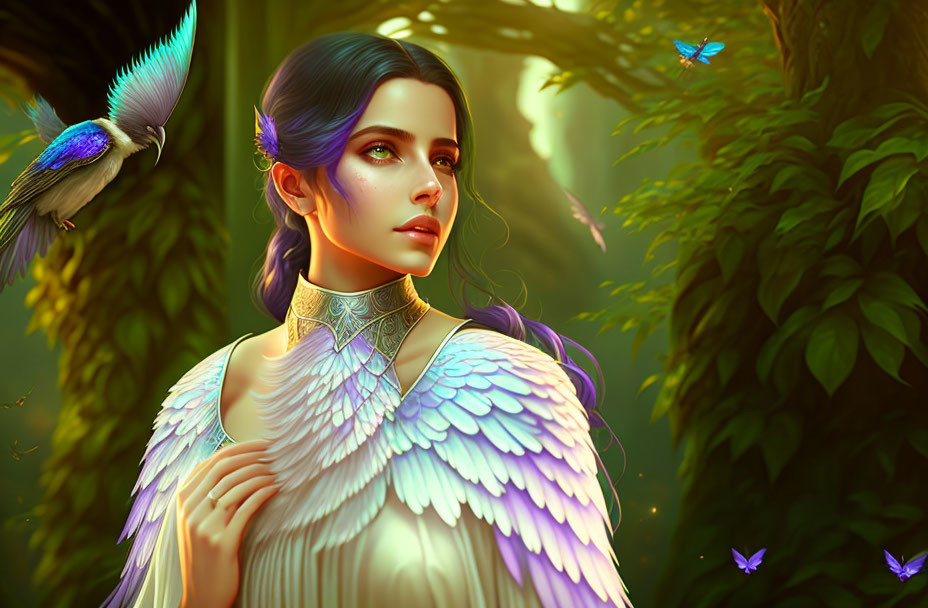 Woman in winged attire in magical forest with vibrant foliage & wildlife.