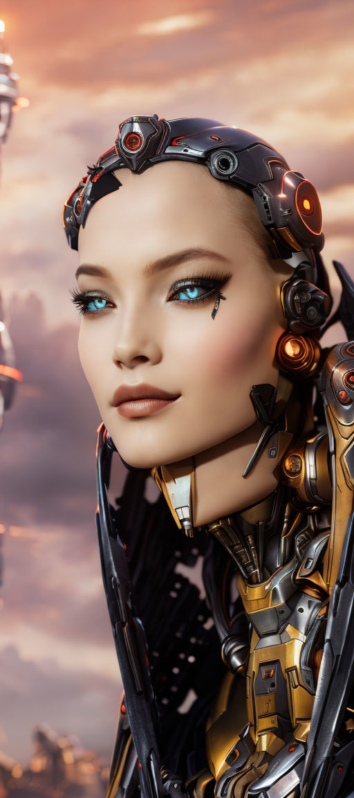 Detailed Female Android with Blue Eyes Against Sunset Sky