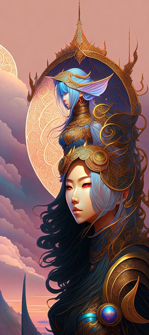 Illustration of woman in blue hair & golden armor with crescent moon helmet