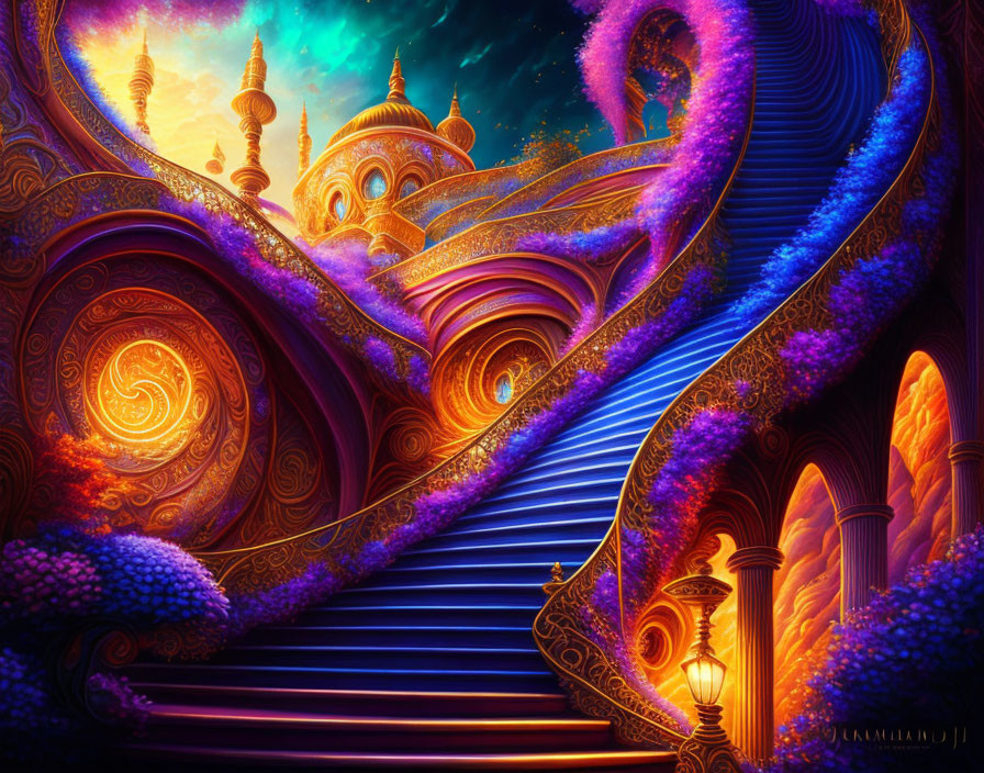 Colorful Digital Artwork: Whimsical Staircases and Domed Structures in Blue and Orange