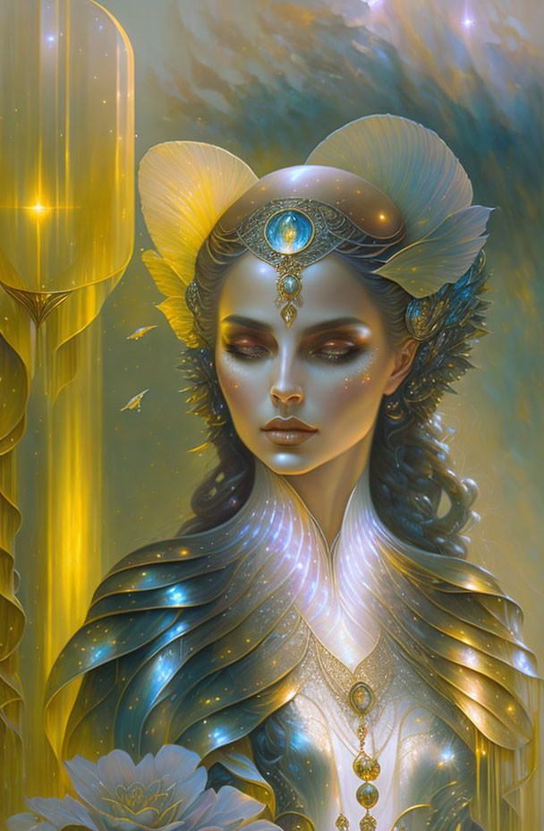 Ethereal Female Figure with Radiant Skin and Ornate Headgear Standing by Candle