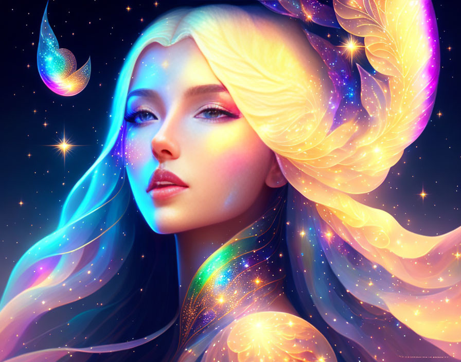 Colorful Fantasy Portrait of Female Figure with Butterfly Wings in Celestial Setting