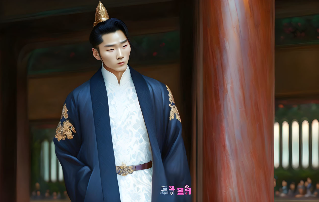 Traditional Korean man in attire beside wooden pillar in historical setting