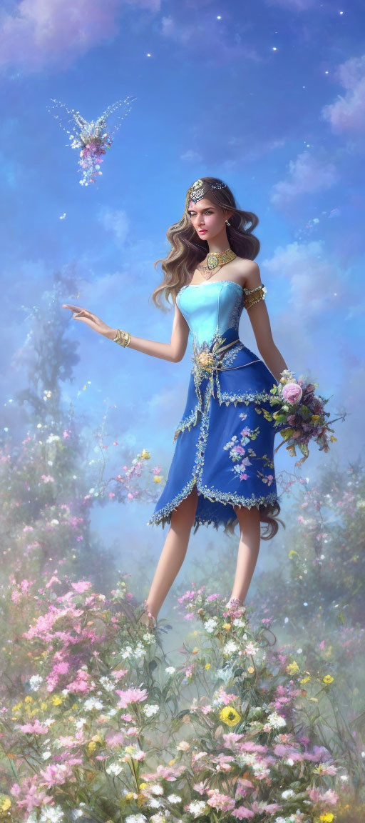 Woman in blue dress surrounded by flowers with butterfly creature.