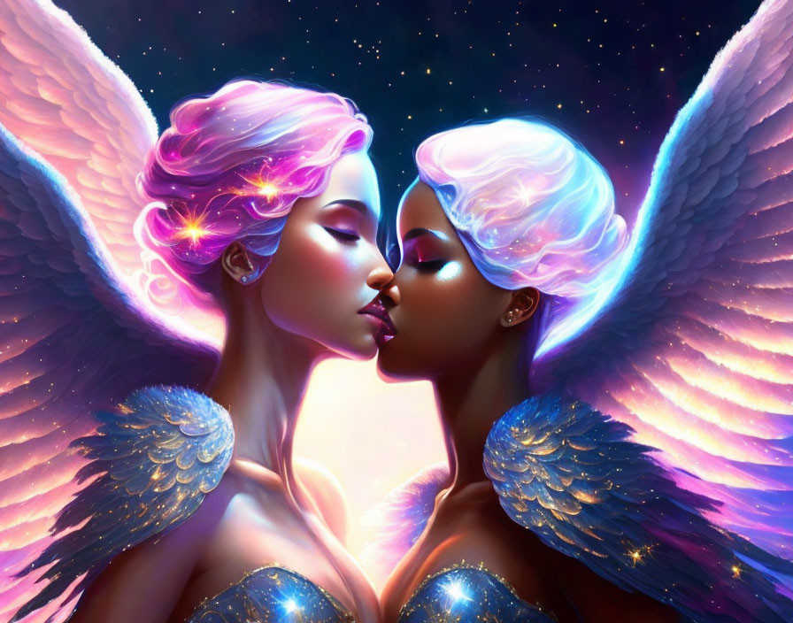 Ethereal beings with wings embracing under starry sky