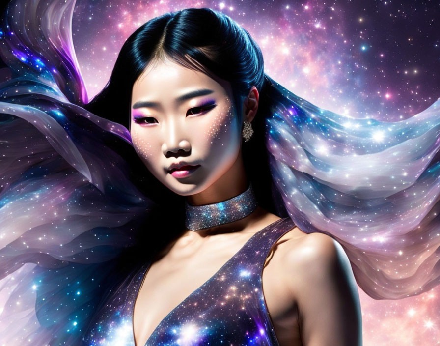 Cosmic-themed makeup woman blending into starry space background