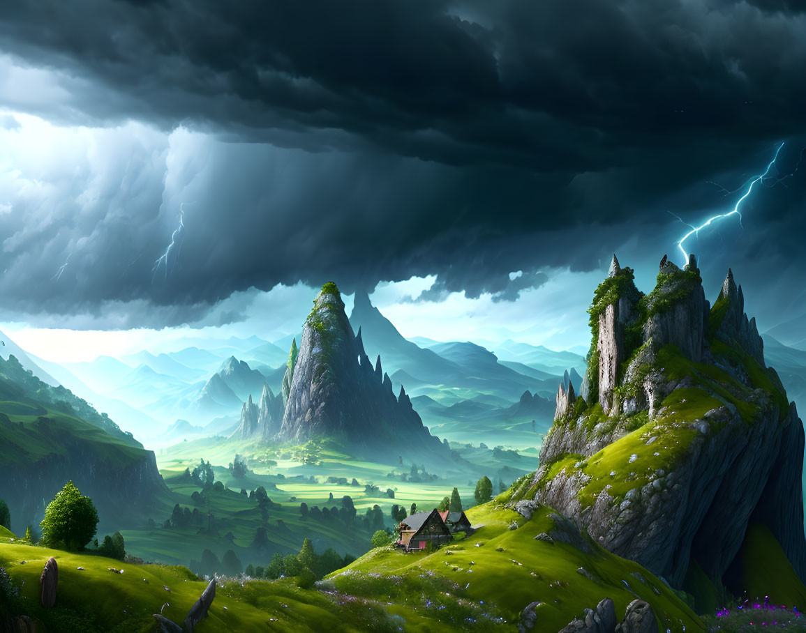 Fantasy Digital Art: Stormy Skies, Green Hills, House, Rocky Peaks & Ruins