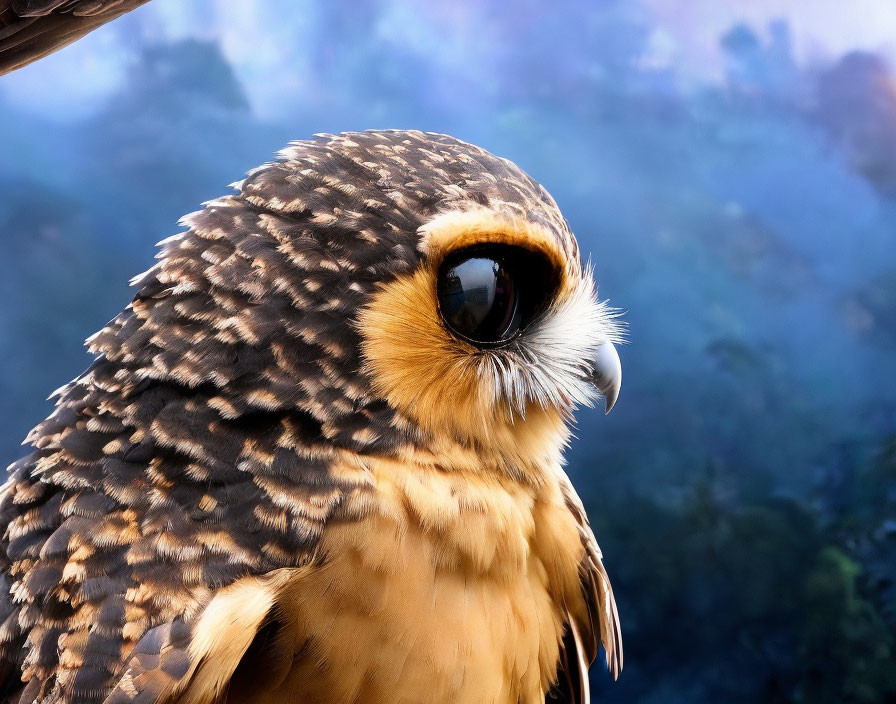 Brown owl with large eyes and spotted feathers on blue and purple background