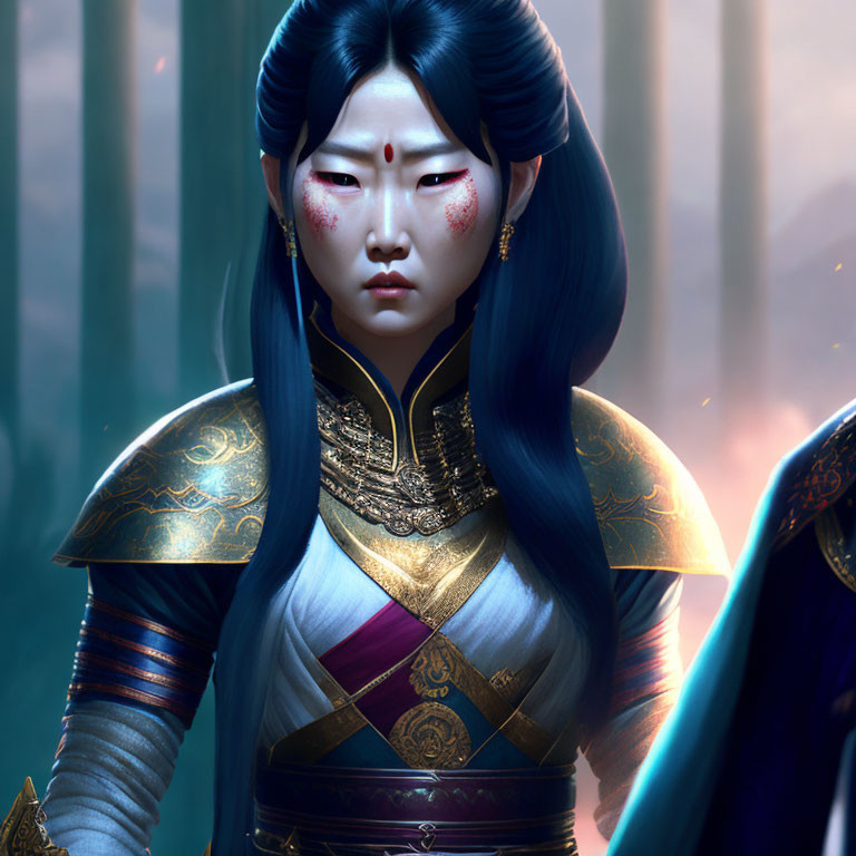 Blue-haired female character in traditional armor in mystical forest.