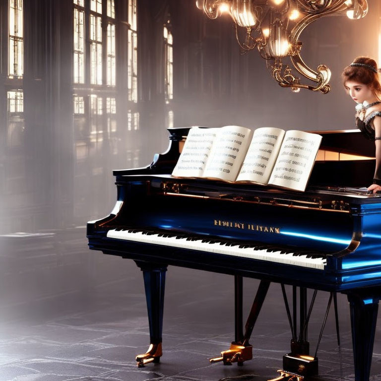 Luxurious room with woman at grand piano and sheet music