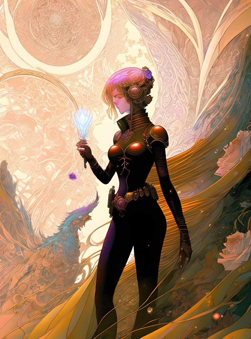 Illustrated female figure in futuristic armor with blue crystal against stylized floral background.