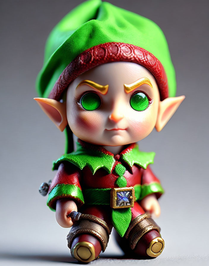 Stylized Christmas elf figure with green eyes and pointy ears