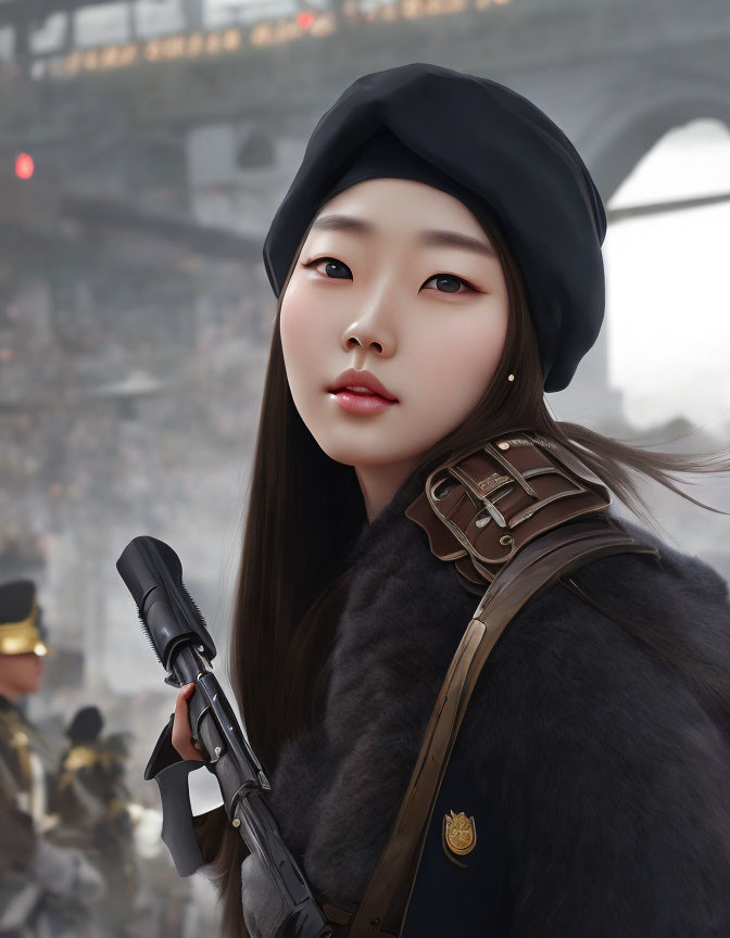 Digital artwork featuring woman in beret with rifle in wartime setting