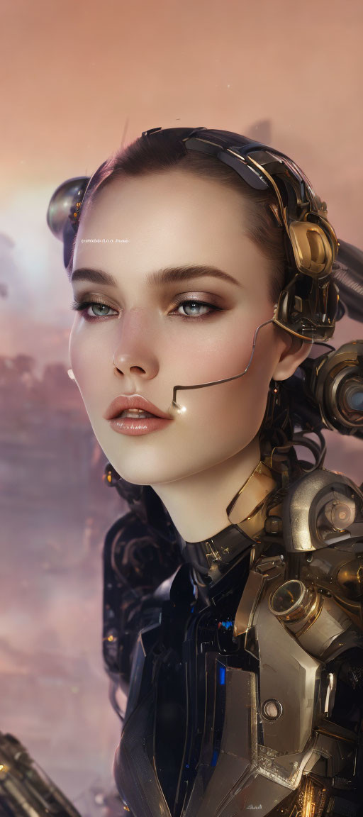 Digital artwork: Female figure with realistic & mechanical parts in a cybernetic theme against soft, cloudy