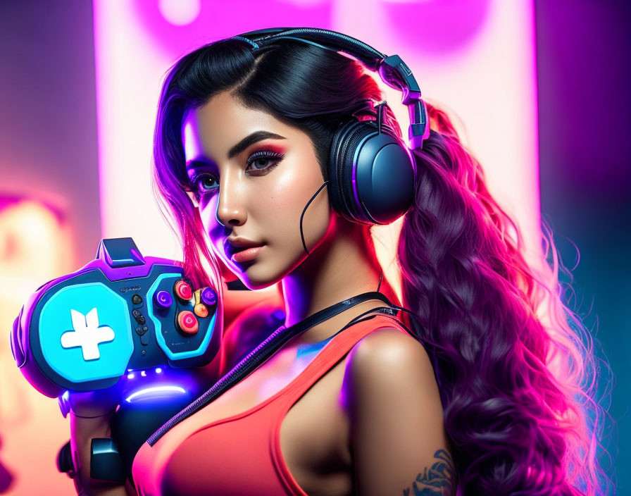 Woman posing with colorful gaming controller and headphones in vibrant lights