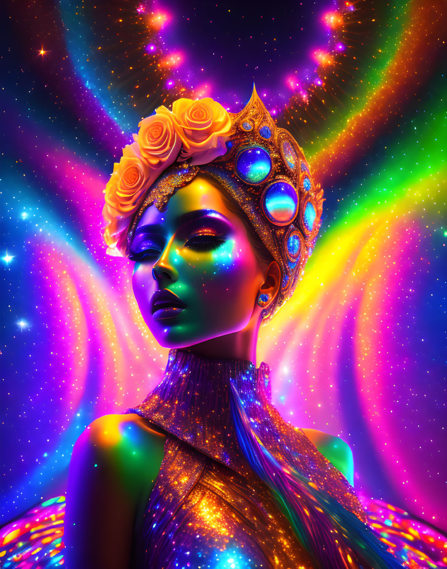 Colorful artwork featuring woman with glowing crown, roses, and jewels on neon cosmic backdrop