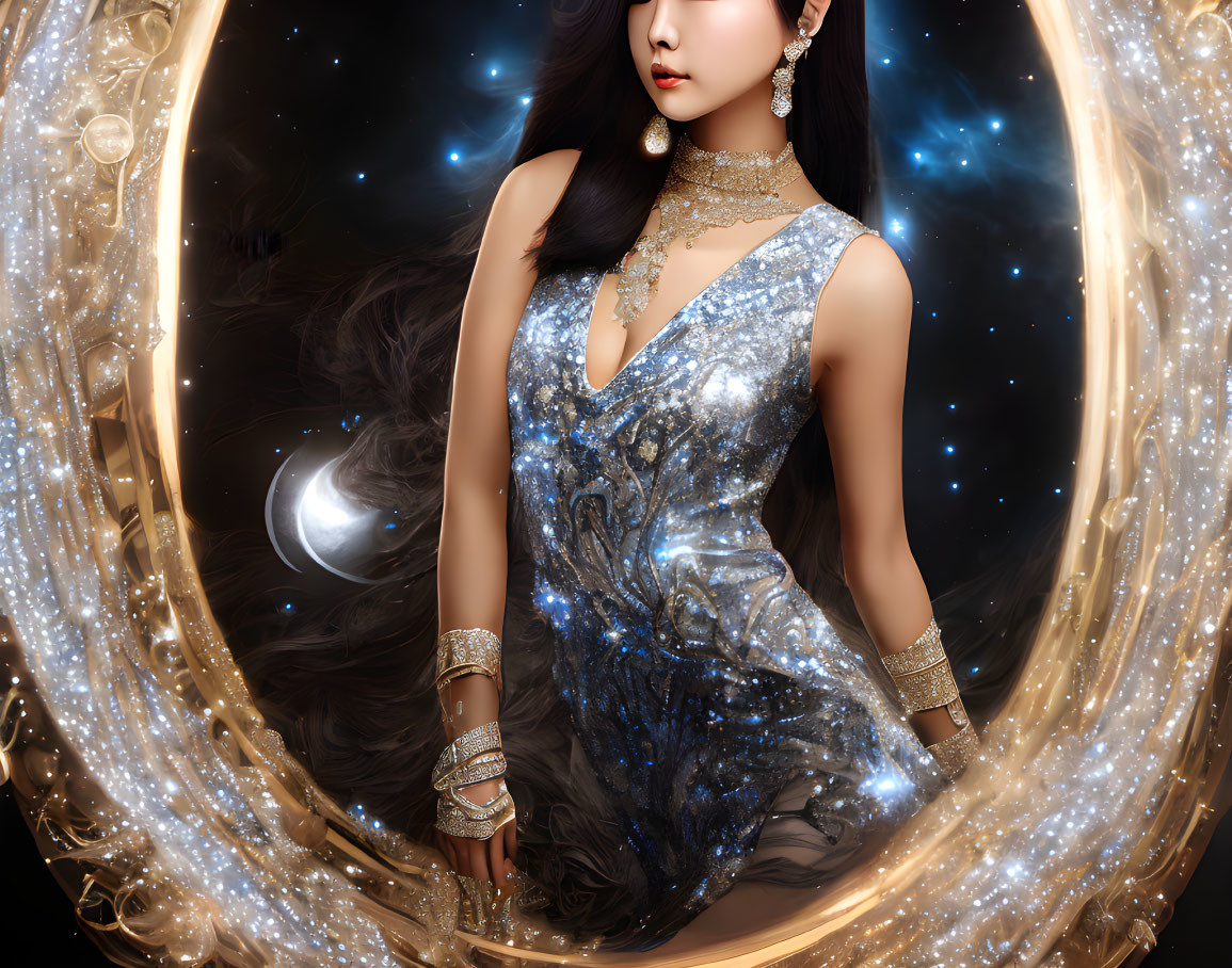 Woman in Sparkling Blue Dress with Jewelry in Cosmic Setting