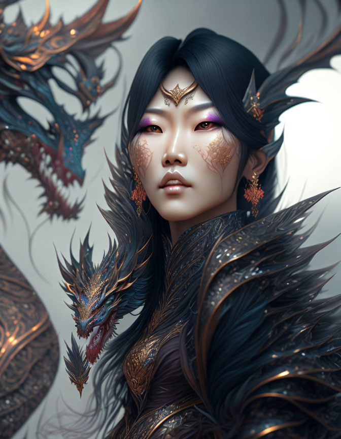 Fantasy illustration of woman with dragon-themed adornments and serpentine dragons.