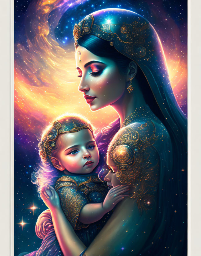 Stylized digital artwork: Woman and child in gold attire against cosmic backdrop