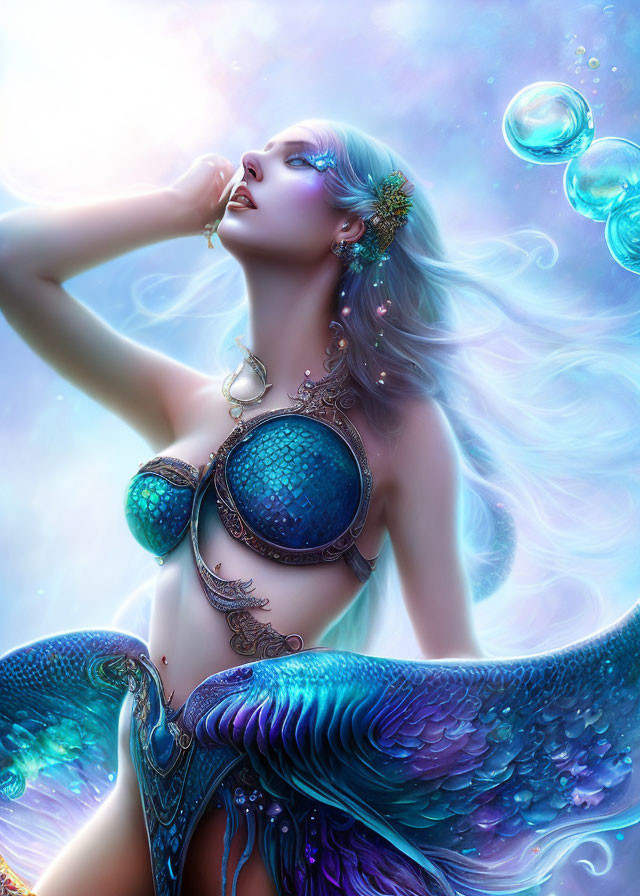 Blue-Haired Ethereal Woman in Mermaid Attire Among Bubbles and Light