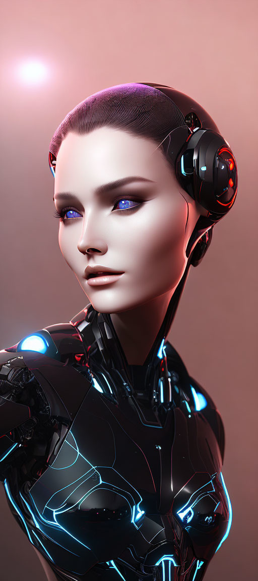 Hyper-realistic female android with black exoskeleton, blue circuits, and headphones