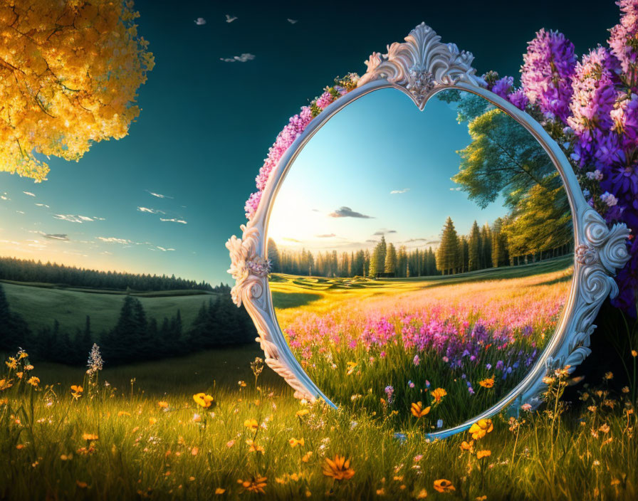 Floral field in heart-shaped mirror under clear blue sky