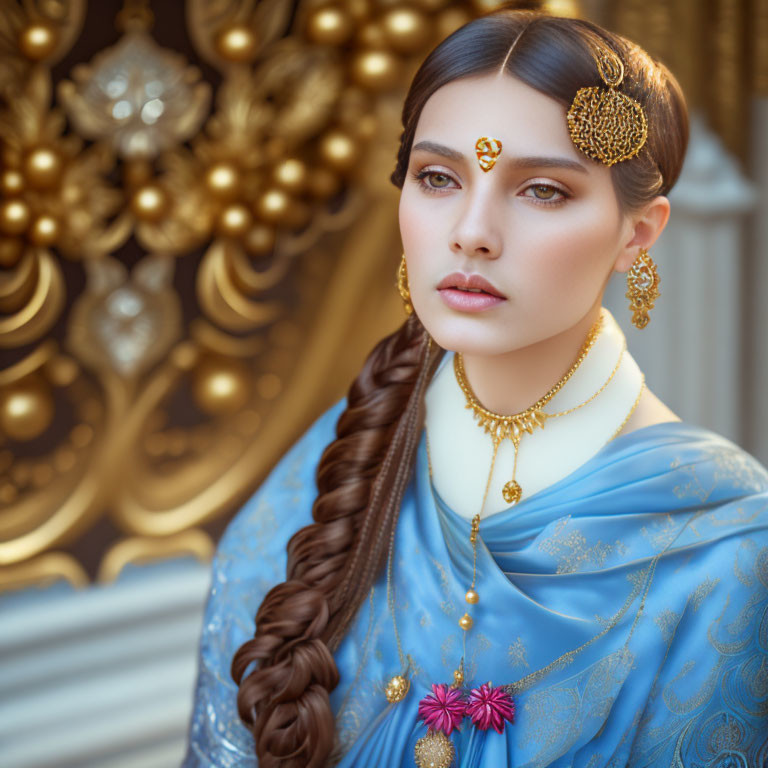 Traditional Indian Attire and Jewelry on Woman Against Gold Ornate Background