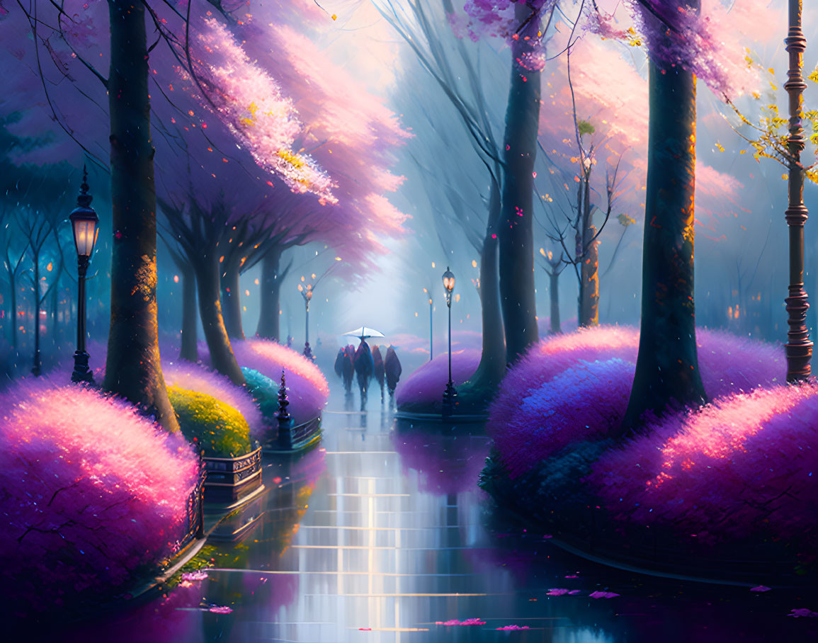 Digital artwork of a purple-hued park at dusk with blooming trees and vintage streetlamps