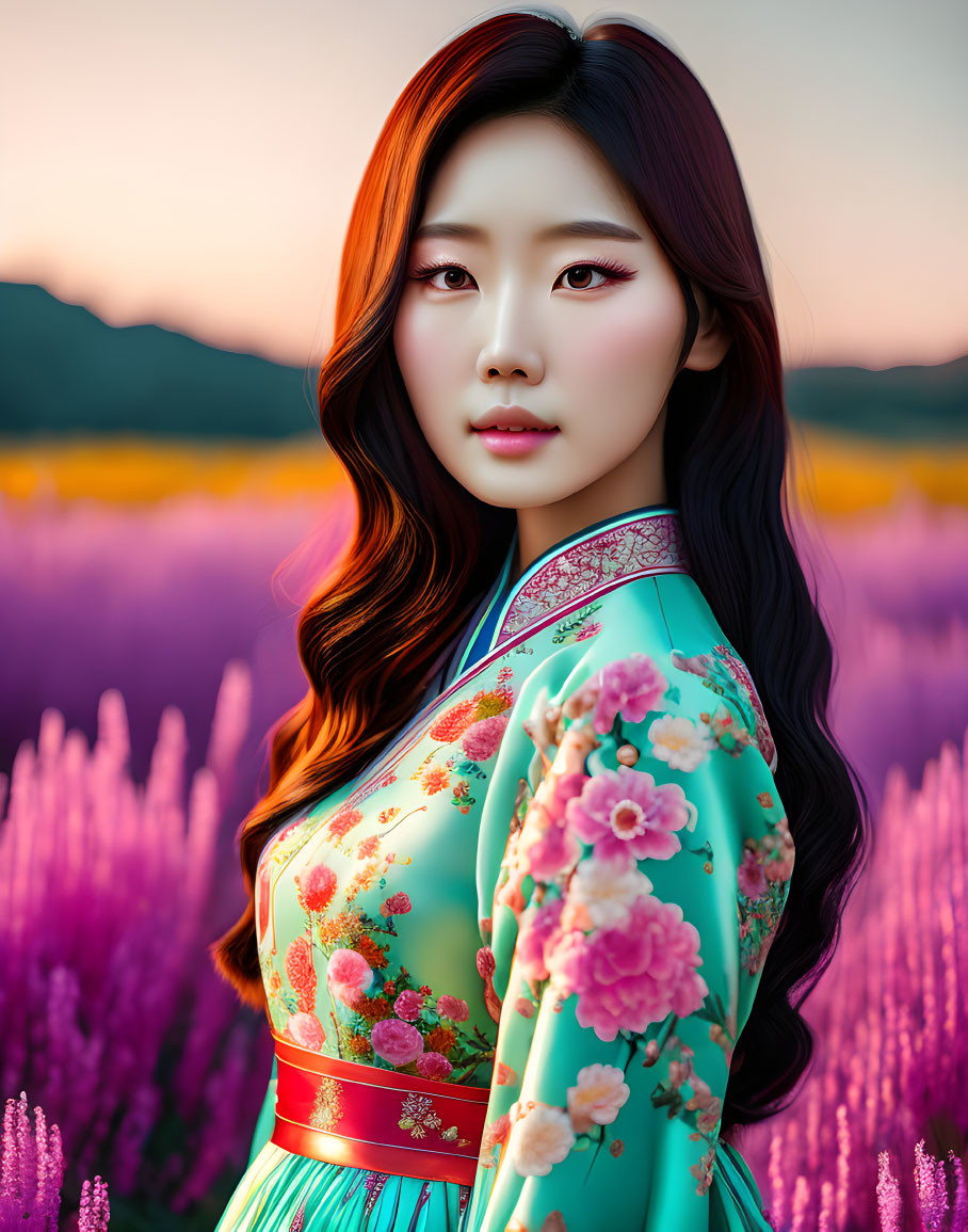 Traditional Outfit Woman in Lavender Field at Sunset