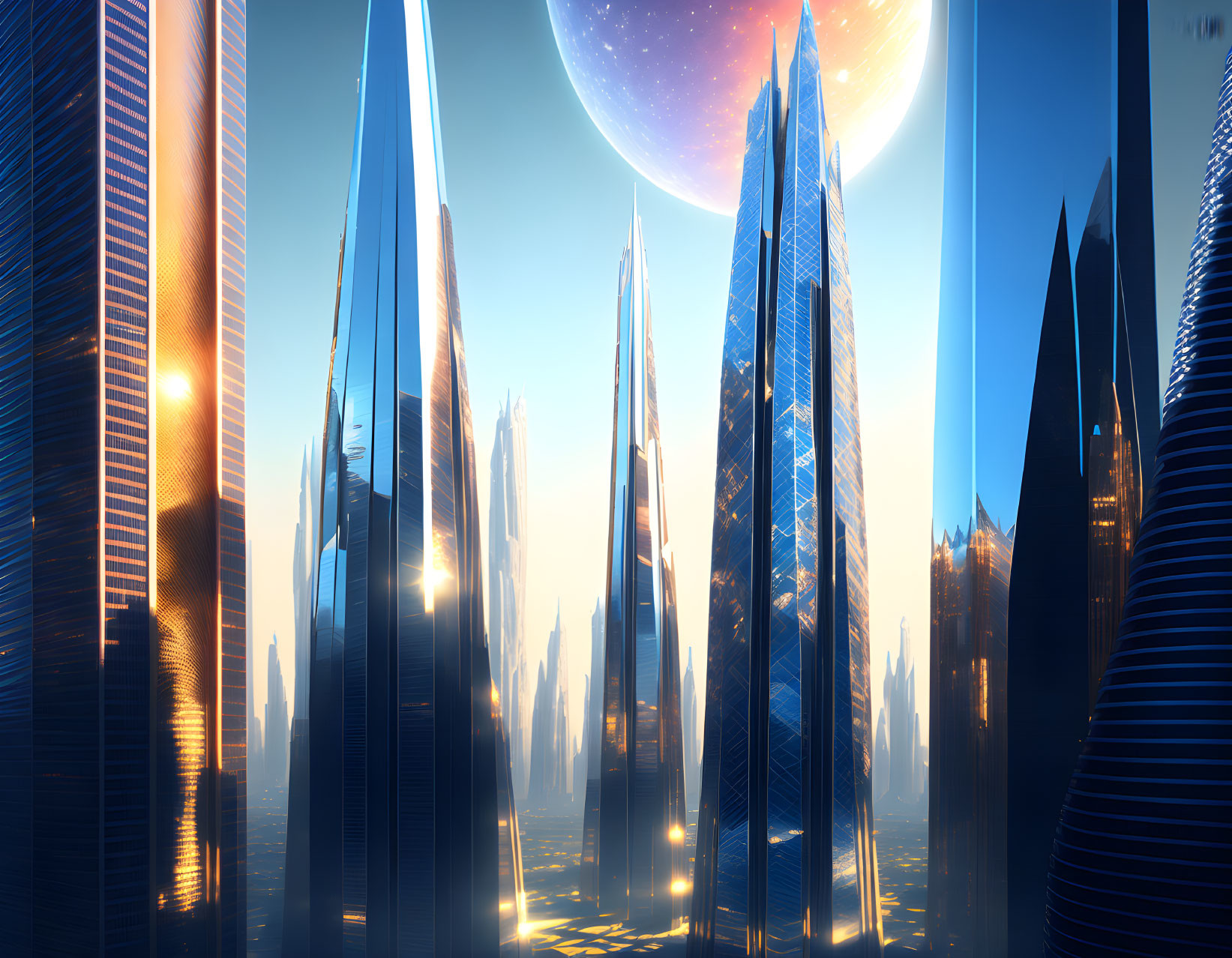 Futuristic cityscape with towering skyscrapers under a blue sky