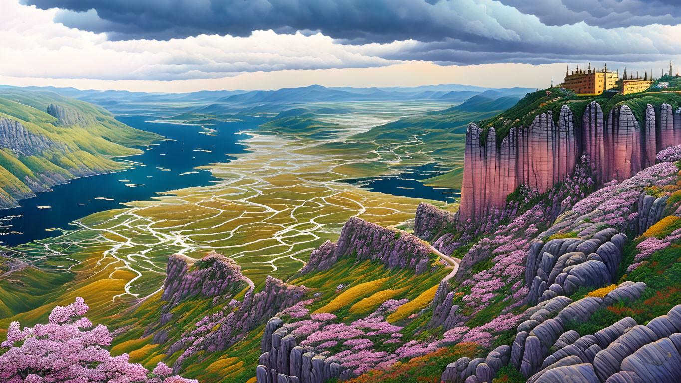 Colorful valley with rivers, pink cliffs, and distant castle