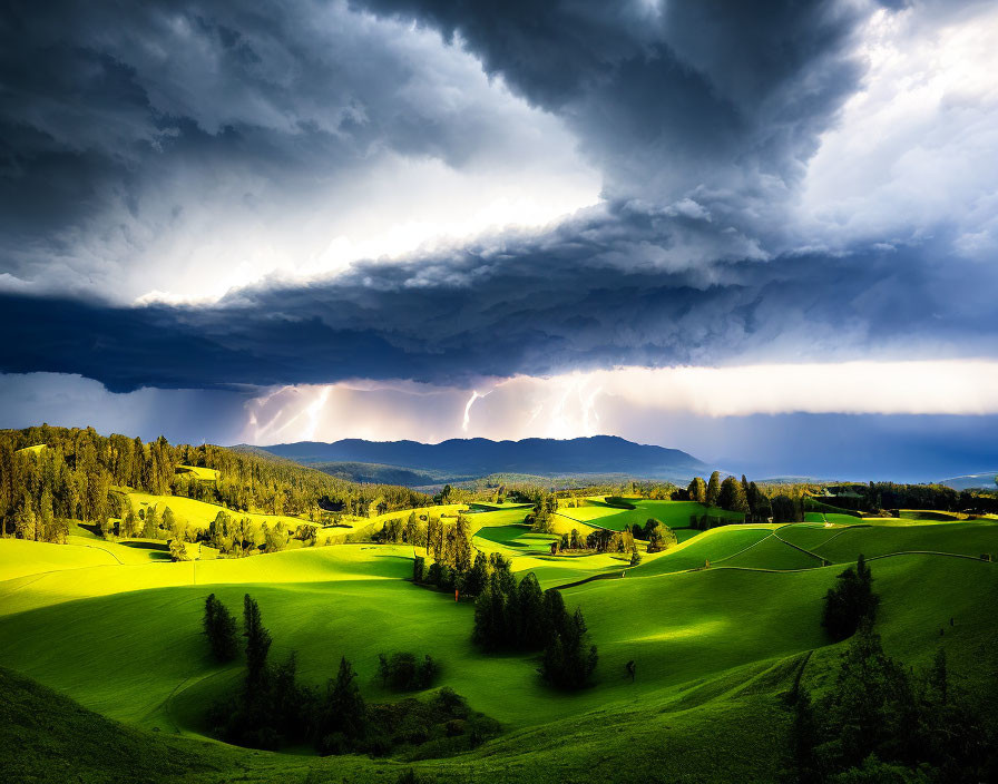 Stormy Sky Over Rolling Green Hills with Lightning Strikes